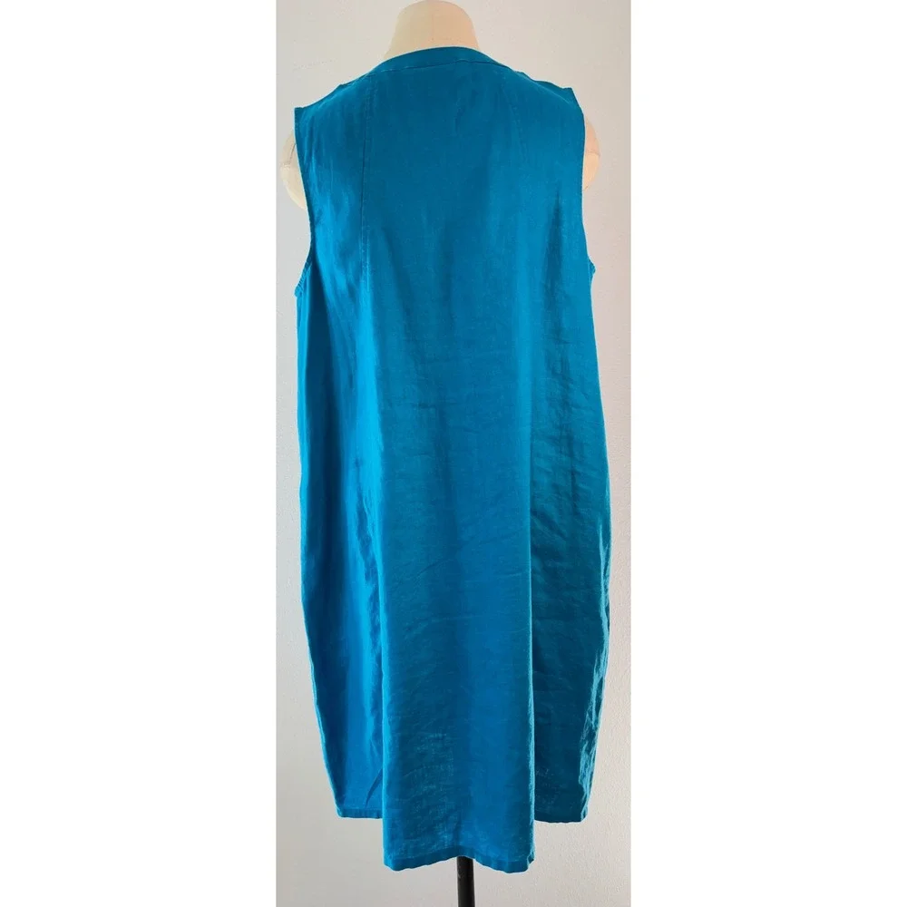 J. Jill Love Linen Teal Blue Pleated Shift Dress 100% Linen Pockets Sleeveless L - Picture 2 of 8